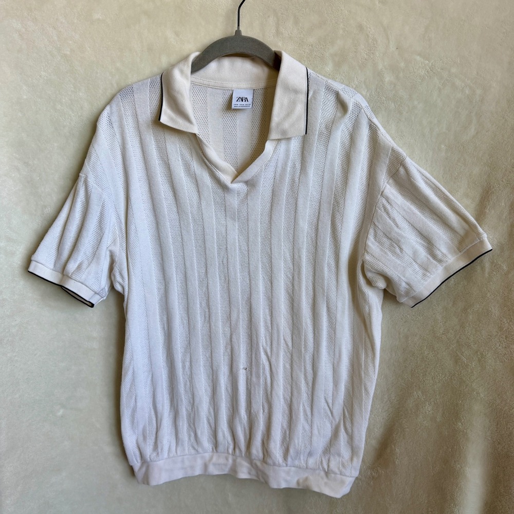 Zara Mens Cream Ribbed Knit Polo Shirt Black Tipping Short Sleeve Size Medium